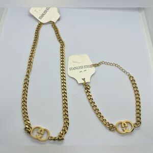 18k Gold Plated Chunky Cuban Link Pendant Necklace with matching bracelet